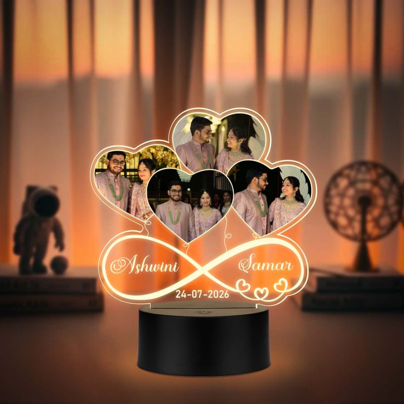 Personalized Infinity Heart LED Photo Lamp Anniversary & Wedding Gift for Couples, 3D Acrylic Photo Frame with 4 Photos, Names & Special Date Warm White Light Table Decor